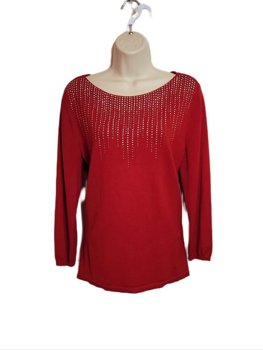 Ruby Rd Red Sweater Top Medium Rhinestone Embellished 3/4 Sleeve